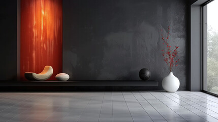 minimalist and chic lounge space, grey with hints of orange, grunge texture, mix of japanese and bohemian style