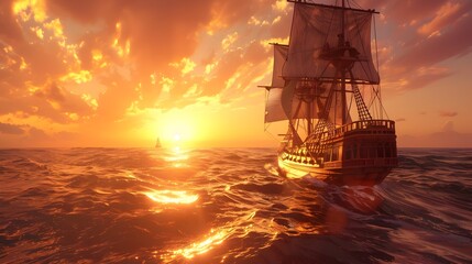 Golden Horizon Awaits: Sail Aboard a Skillfully Rendered Pirate Ship - obrazy, fototapety, plakaty