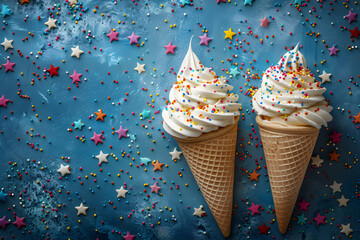 Happy Labor Day and Independence Day background with colorful ice cream treats and festive decorations.
