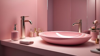 A photorealistic image showcasing an elegant pink bathroom sink and faucet, designed in a modern style. The focus should be on the sleek design of the sink and faucet, highlighting the elegant pink co