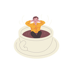 Young man sitting in big cup with coffee and enjoying, vector comic cartoon white huge mug and saucer with boy inside