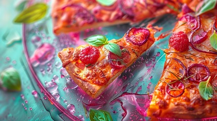 Fruit topped dessert pizza on vibrant background: Close-up of a dessert pizza with berries and mint on a colorful turquoise backdrop