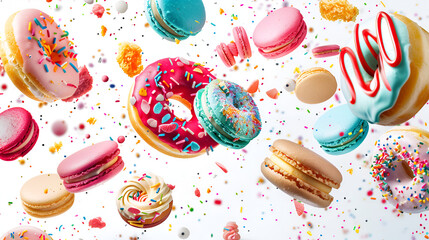 Colorful decorated donuts, cupcakes and macaroons falling in motion on white background with sprinkling. Sweet and various doughnuts flying on white backdrop. Banner