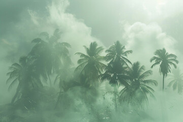 A remote island shrouded in mist and smoke, with palm trees swaying gently in the breeze under a hazy sky. - obrazy, fototapety, plakaty