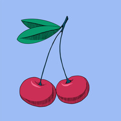 Two cherries in Line Art style. The shadow is made from black shading.