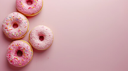 Pink donuts with multicolored sprinkles on a pink background of Sweets. Confectionery products.