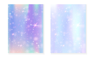 Princess background with kawaii rainbow gradient. Magic unicorn hologram. Holographic fairy set. Fluorescent fantasy cover. Princess background with sparkles and stars for cute girl party invitation.