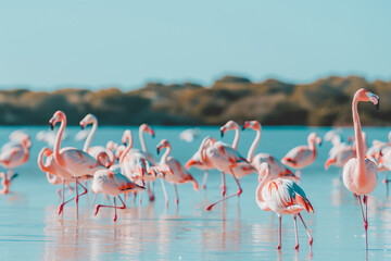 Flock of pink flamingos in a lake, nature and outdoors