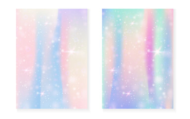 Princess background with kawaii rainbow gradient. Magic unicorn hologram. Holographic fairy set. Mystical fantasy cover. Princess background with sparkles and stars for cute girl party invitation.