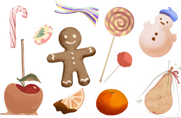 A set of sweets and sugar products. The set contains lollipop cookies, a candied apple, a dried pear and a tangerine. Suitable for Christmas. vector illustration.