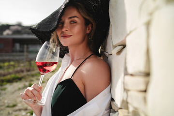 Fototapeta premium Woman in elegant attire and a wide-brimmed hat enjoys a glass of rose wine at a vineyard
