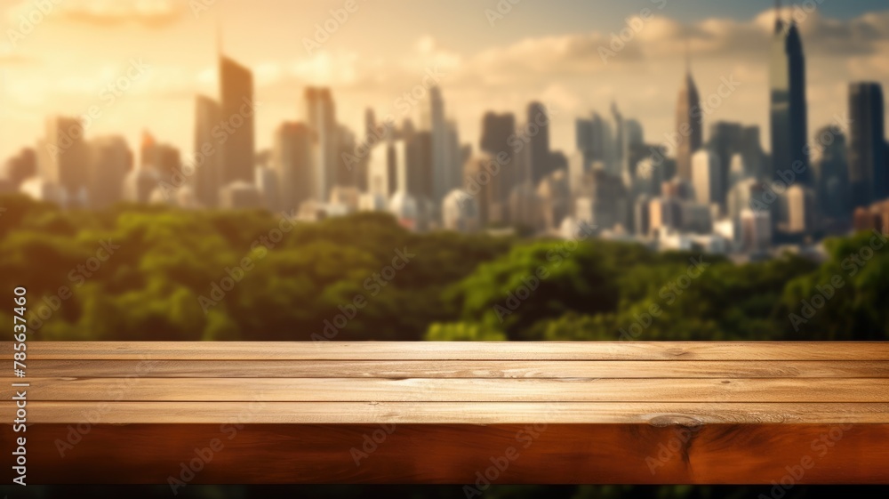 Poster the empty wooden table top with blur background of nature skyline. exuberant image. generative ai