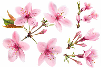 Blooming Pink Cherry Blossoms Isolated on a White Background Capturing Springtime Beauty