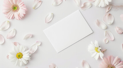 Blank, white sheet of paper on a white table with petals
