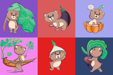 A set of surprised and embarrassed bear cubs with vegetables in comical poses. PopArt. vector image