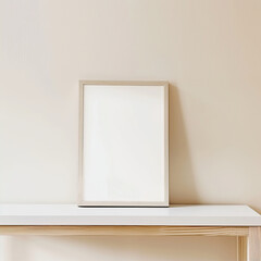 Empty, wooden frame against a beige wall background, on a wooden shelf
