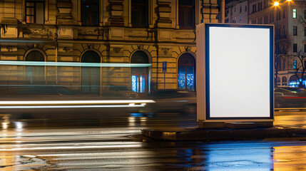 Blank, white billboard on a night street near the road
