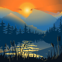night landscape of mountains, lake and coniferous forest against the backdrop of the setting sun. Reeds and grass in the foreground. Vector illustration with gradient