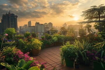 A lush rooftop garden at sunset, with a variety of plants and flowers in bloom,