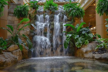 Vertical indoor water garden, with hanging aquatic plant arrangements and cascading water