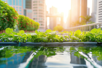 A close - up of hydroponic farming in an urban setting, fresh air and water