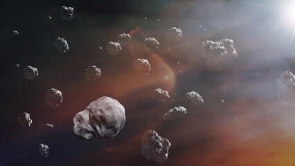Asteroids in deep space. Elements of this image furnished by NASA.