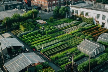 An aerial view of a large urban farm on a big rooftop