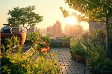 A nice rooftop garden at sunset, with a variety of plants and flowers in bloom,
