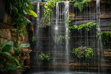Vertical indoor water garden, with hanging aquatic plants and cascading water