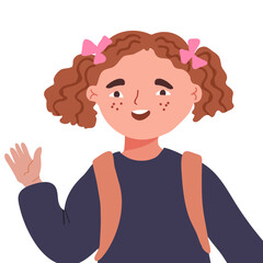 A cute happy preschooler, a schoolgirl with two ponytails, waves her hand in greeting. Smiling friendly child cheerfully saying hello. Child, schoolgirl, character saying hello, bye bye. 
