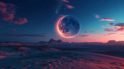 Fototapeta na wymiar Crescent Moon Over Tranquil Desert Landscape Generative AI