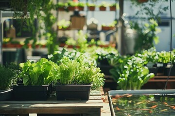 A detailed shot of an aquaponics system in an urban farm, where fish and plants grow together