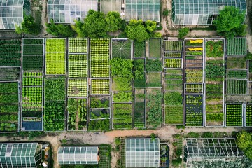 An aerial view of a large urban farm on a rooftop, demonstrating efficient use of urban space