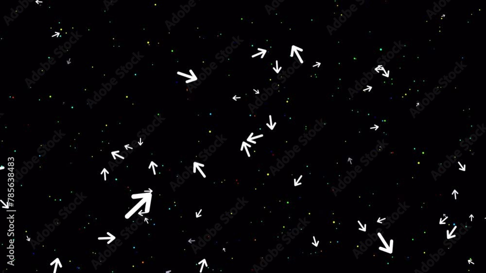 Aufkleber a minute long video background with many small moving particles and rotating arrows on a dark backgr