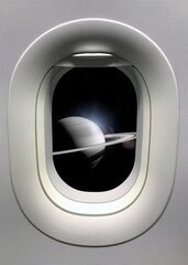 View from a porthole on the Saturn background. Elements of this image furnished by NASA.