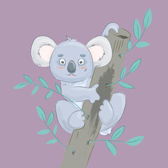 Gray koala on a branch with a surprised face. Kawaii, naturalistic vector illustration.