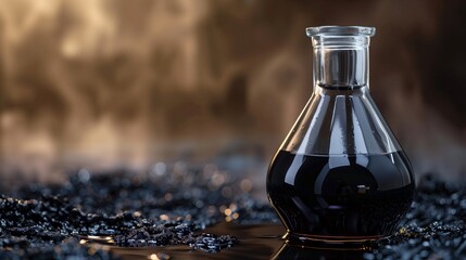 Scientific research concept with a clear glass flask filled with black crude oil, symbolizing petroleum testing, energy resources, and chemical analysis.
