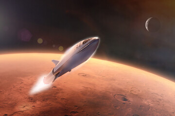 Starship in low-Mars orbit. Elements of this image furnished by NASA.