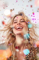 Naklejka premium Woman Laughing as Confetti Falls Around Her