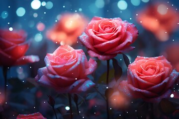 Beautiful pink roses with bokeh effect on dark blue background
