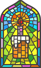 Church stained window. Christian mosaic glass arch with Easter cake and candle