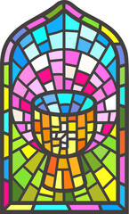 Church stained window. Christian mosaic glass arch with cup