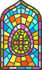 Church stained window. Christian mosaic glass arch with Easter egg with cross