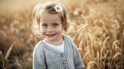 Cute little girl standing in a field with a flower in her hair

