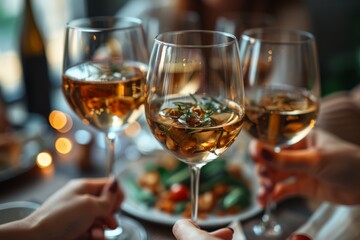 Close-up of hands clinking glasses of white wine over a delicious meal, conveying a sense of celebration and camaraderie