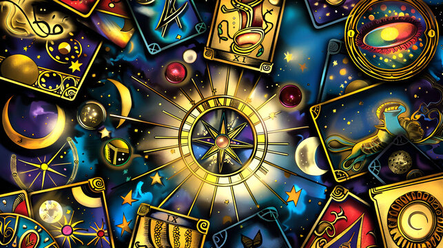 Tarot cards with retrograde Mercury symbol surrounded by celestial motifs in a mystical setting