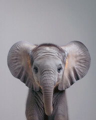 Baby elephant portrait isolated on a light background. Elephant cub. Cute animals. Close-up photo.
