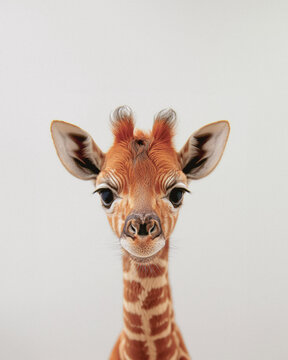 Baby giraffe portrait isolated on a light background. Giraffe cub. Cute animals. Close-up photo.