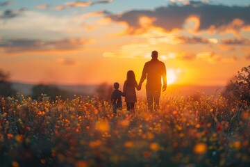 A serene image capturing a family of three walking hand-in-hand through a field of wildflowers at sunset