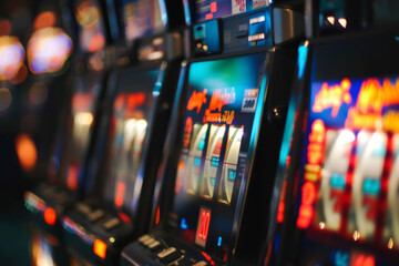 Row of Slot Machines in Vibrant Casino